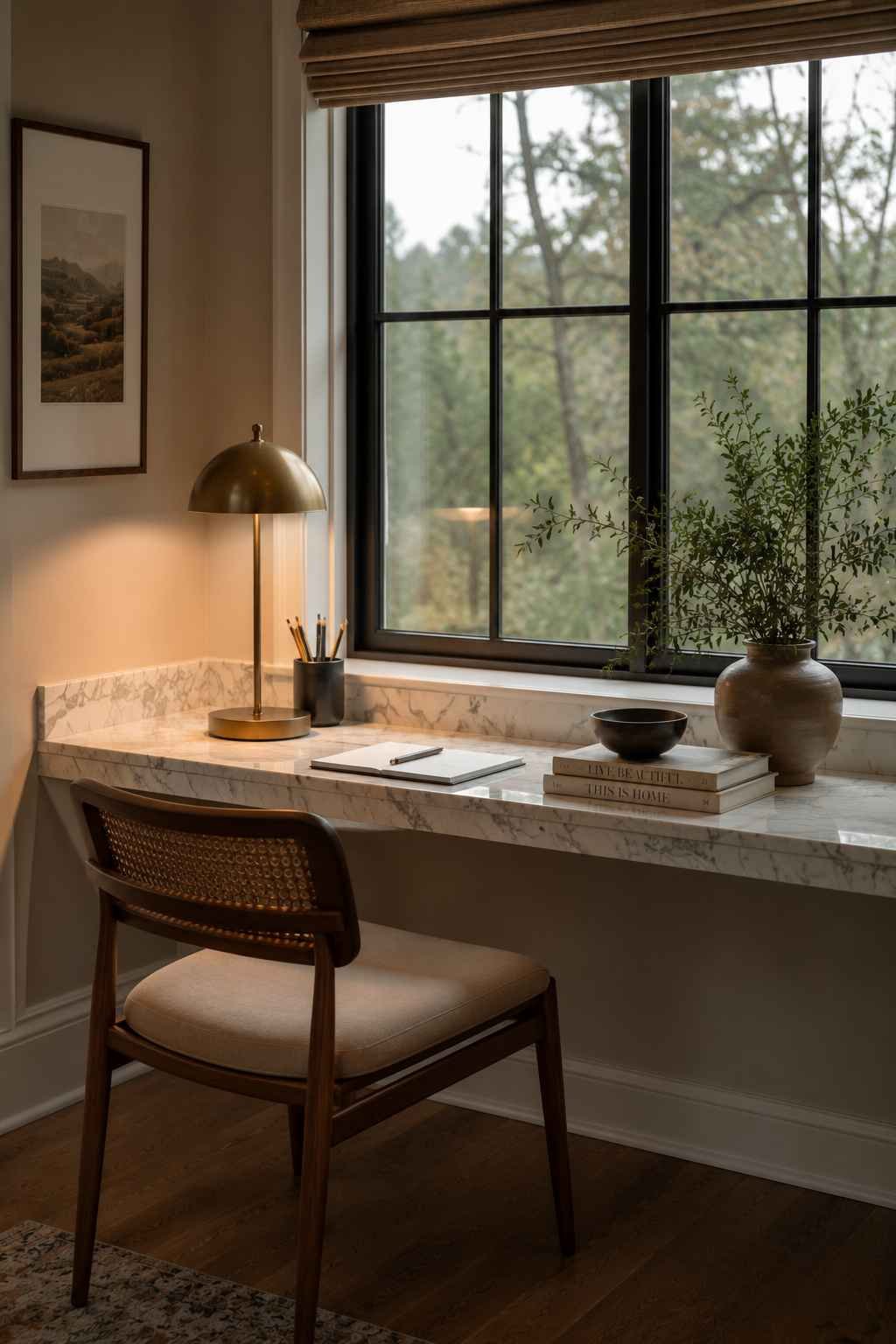Slim desk with a marble ledge surface along a window wall, warm brass lamp, small book stack, modern luxury styling.