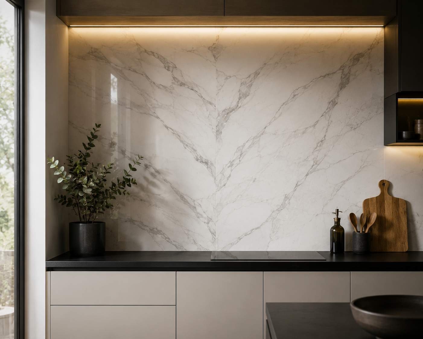Modern minimalist kitchen featuring a full-height marble-look porcelain slab backsplash with soft grey veining, a matte black countertop, sleek handleless cabinets, and warm linear lighting for a luxurious contemporary look.