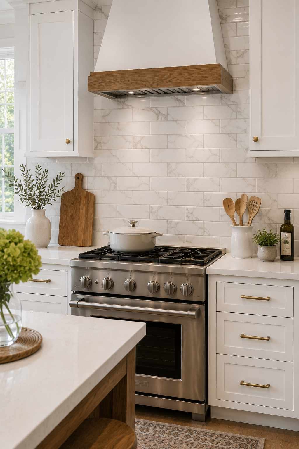 Elegant white kitchen featuring a marble-look porcelain subway tile backsplash with soft gray veining, paired with white shaker cabinets, white quartz countertops, brass hardware, a custom wood-trim range hood, and a stainless steel range for a luxurious yet low-maintenance design.