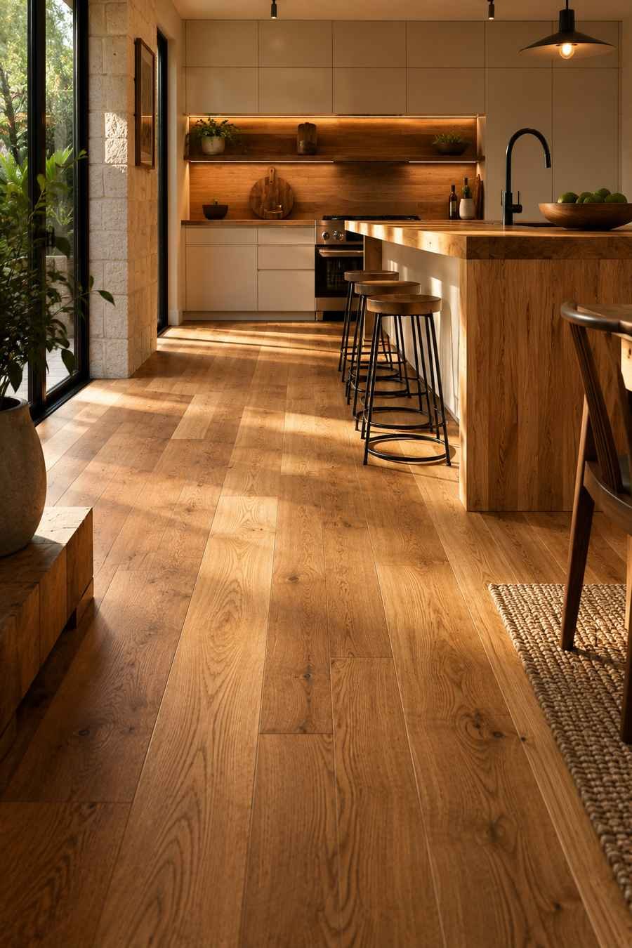 Modern kitchen with matching oak wood flooring and butcher block countertops, warm natural oak cabinetry, black bar stools, soft daylight, and a seamless floor-to-counter wood design in a contemporary open-concept space.