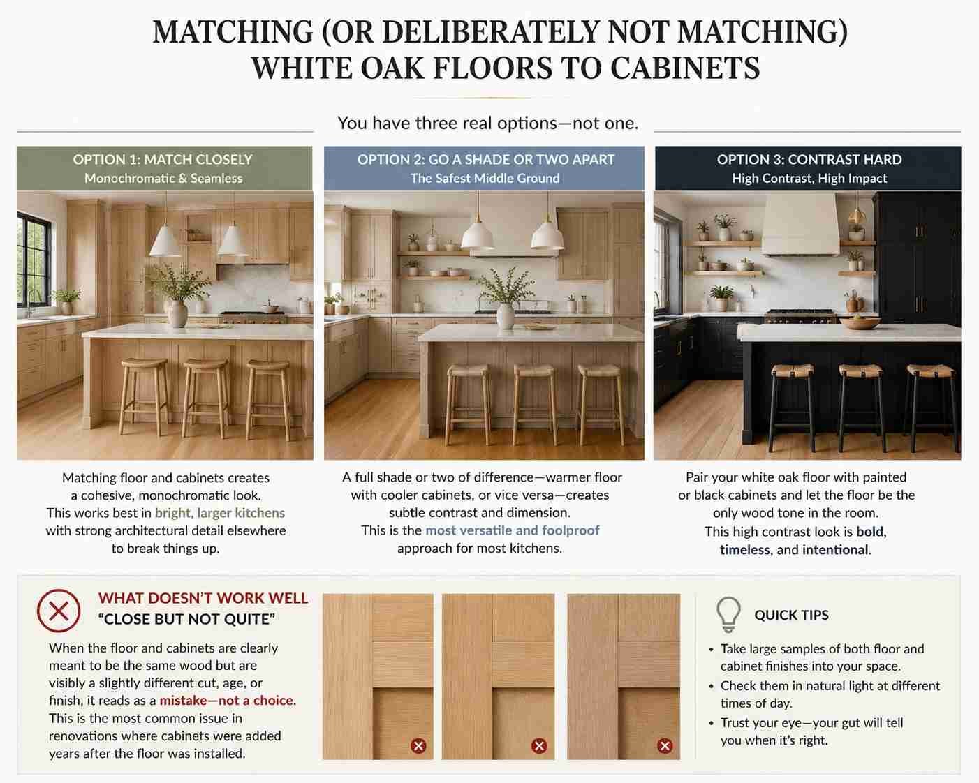 Infographic comparing three ways to pair white oak floors with kitchen cabinets: closely matched wood tones for a seamless look, a one- to two-shade contrast for balanced warmth, and high-contrast painted cabinets with oak flooring. It also highlights the common mistake of using nearly matching but noticeably different wood finishes.
