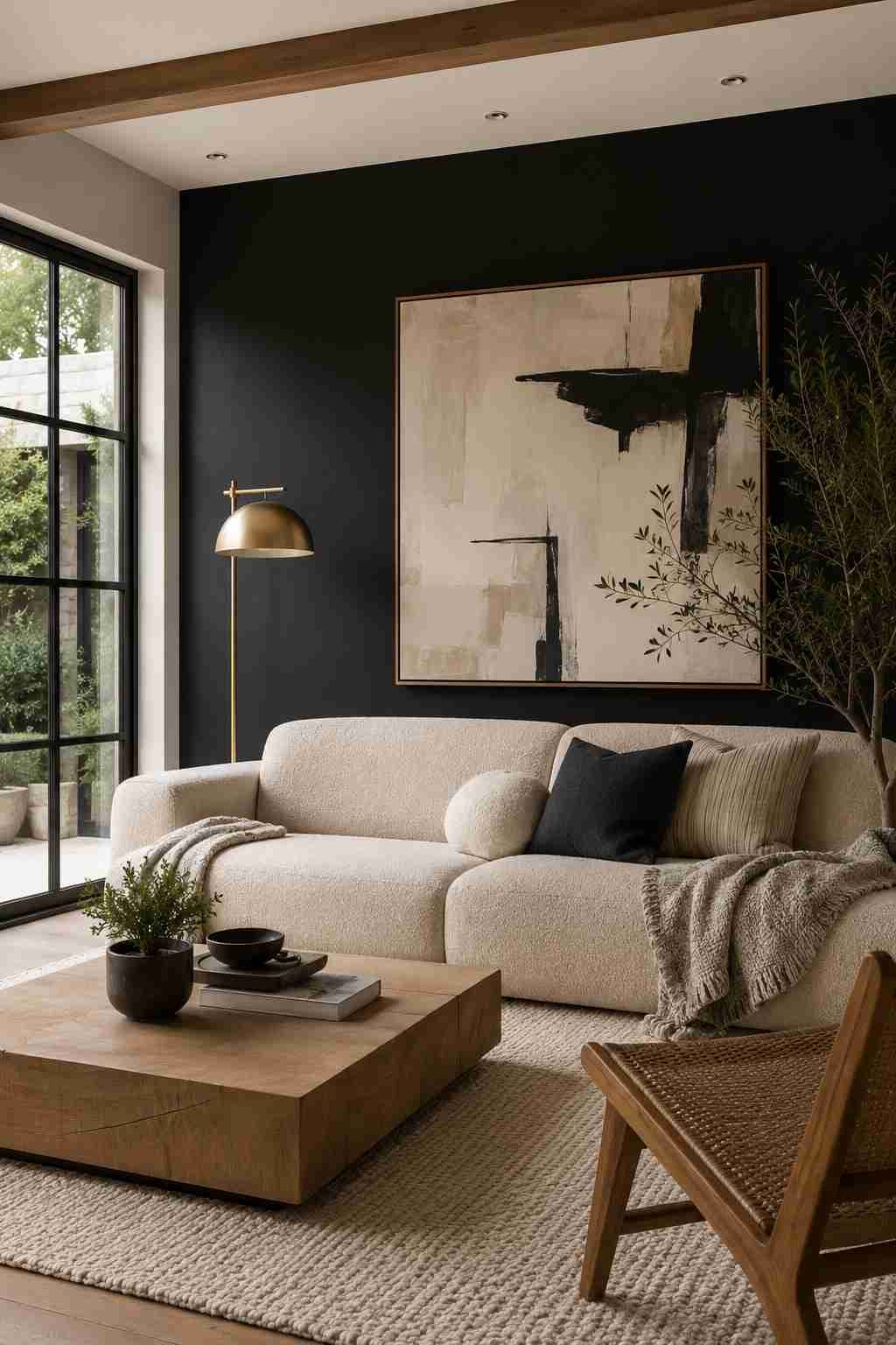 Modern minimalist living room with a matte black accent wall behind a cream bouclé sofa, oak furniture, warm lighting, and natural textures.