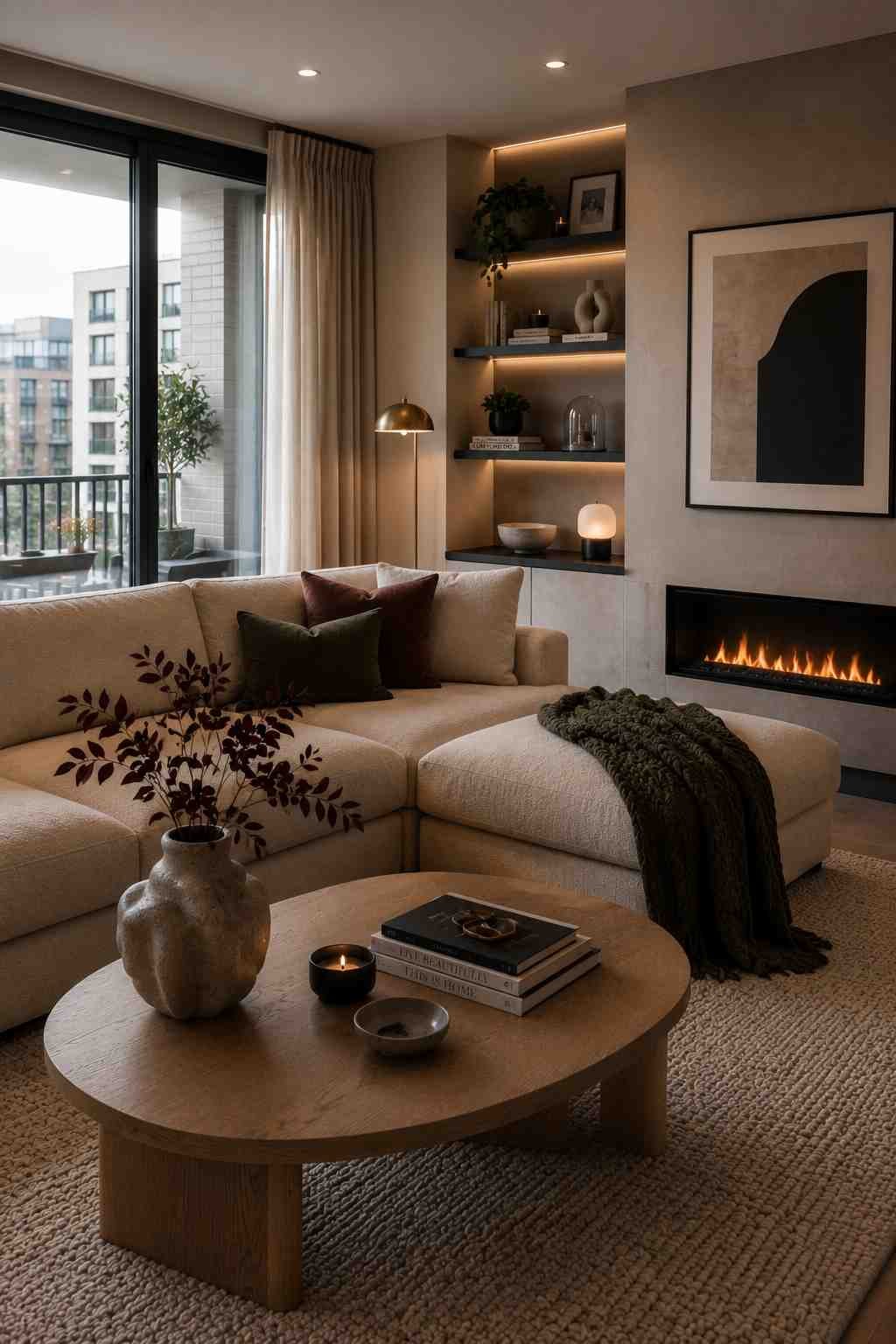 Modern minimalist living room featuring a matte black fireplace surround styled with a large round mirror and neutral decor.