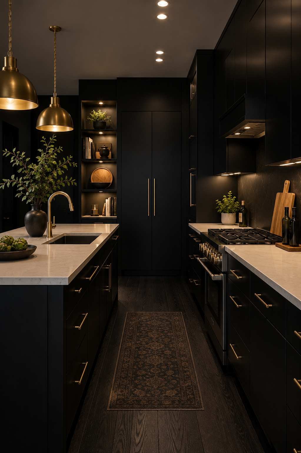 Modern windowless galley kitchen featuring matte black flat-panel cabinets, ebonized oak flooring, white quartz countertops, brass pendant lights, under-cabinet lighting, illuminated open shelving, and layered warm lighting for a dramatic luxury kitchen design.