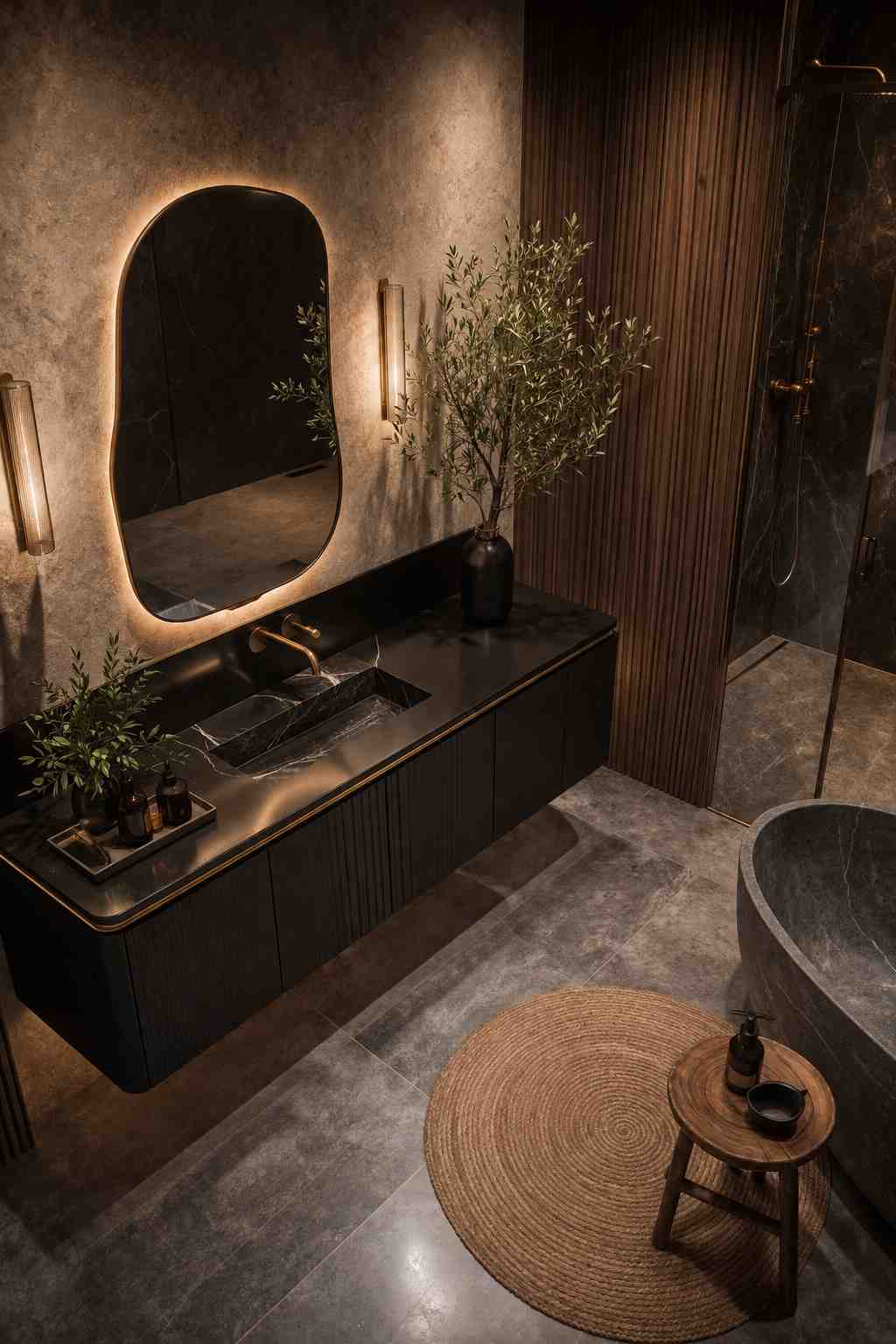 Sophisticated modern bathroom with a floating matte black vanity featuring an integrated stone sink, a softly backlit organic-shaped mirror, warm brass fixtures, textured wood accent walls, a glass walk-in shower, a freestanding dark stone bathtub, and natural décor creating a moody spa-inspired ambiance.