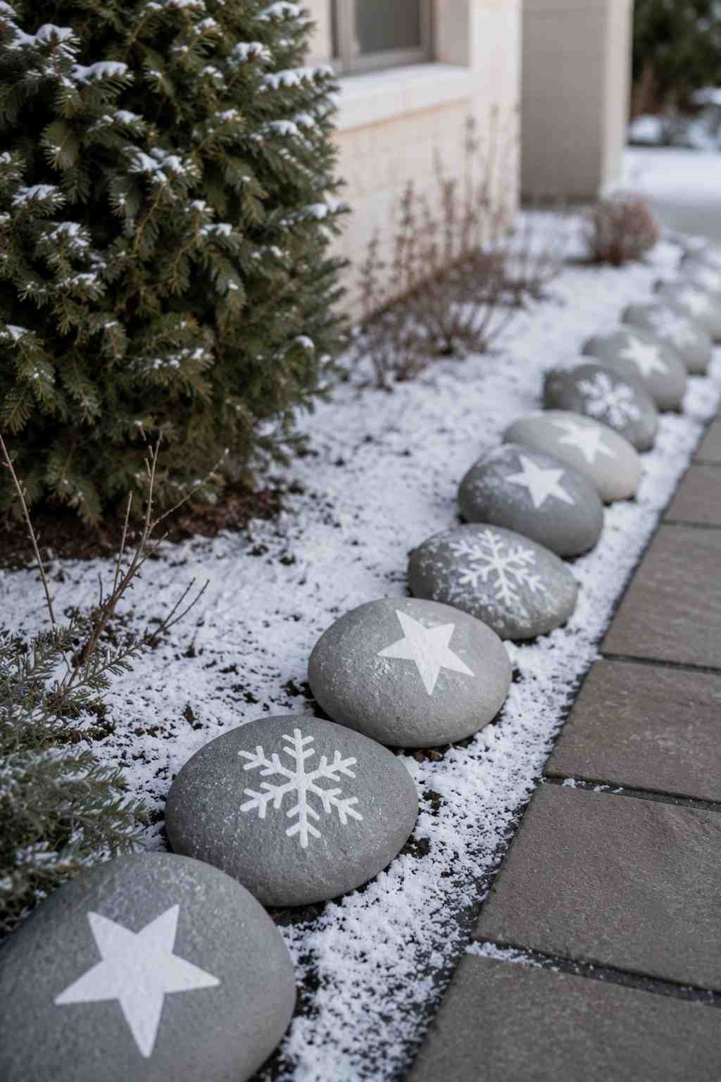 Painted stones with white stars and snowflakes create a festive border along a snow-dusted garden path.