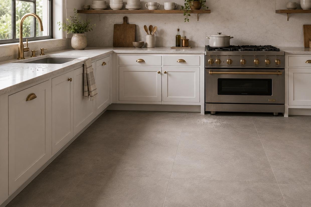 Modern white kitchen featuring large-format matte porcelain floor tiles in a soft warm gray finish with minimal grout lines, white shaker cabinets, brushed brass fixtures, open wood shelving, and subtle everyday details near the sink and stove. Soft natural daylight highlights the honed tile surface, creating a clean, low-maintenance, lived-in look.