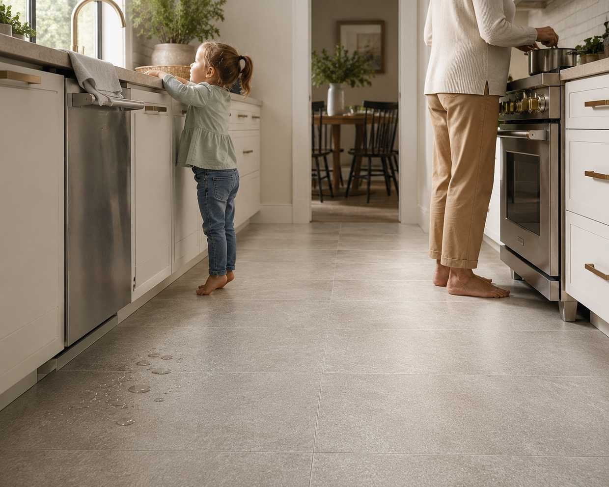 Modern kitchen featuring refined matte porcelain floor tiles with a subtle slip-resistant stone texture, white shaker cabinets, and soft natural light. A child reaches toward the countertop while an older adult stands near the stove, with small water droplets by the sink illustrating the floor's safe, low-slip surface without sacrificing its clean, contemporary appearance.
