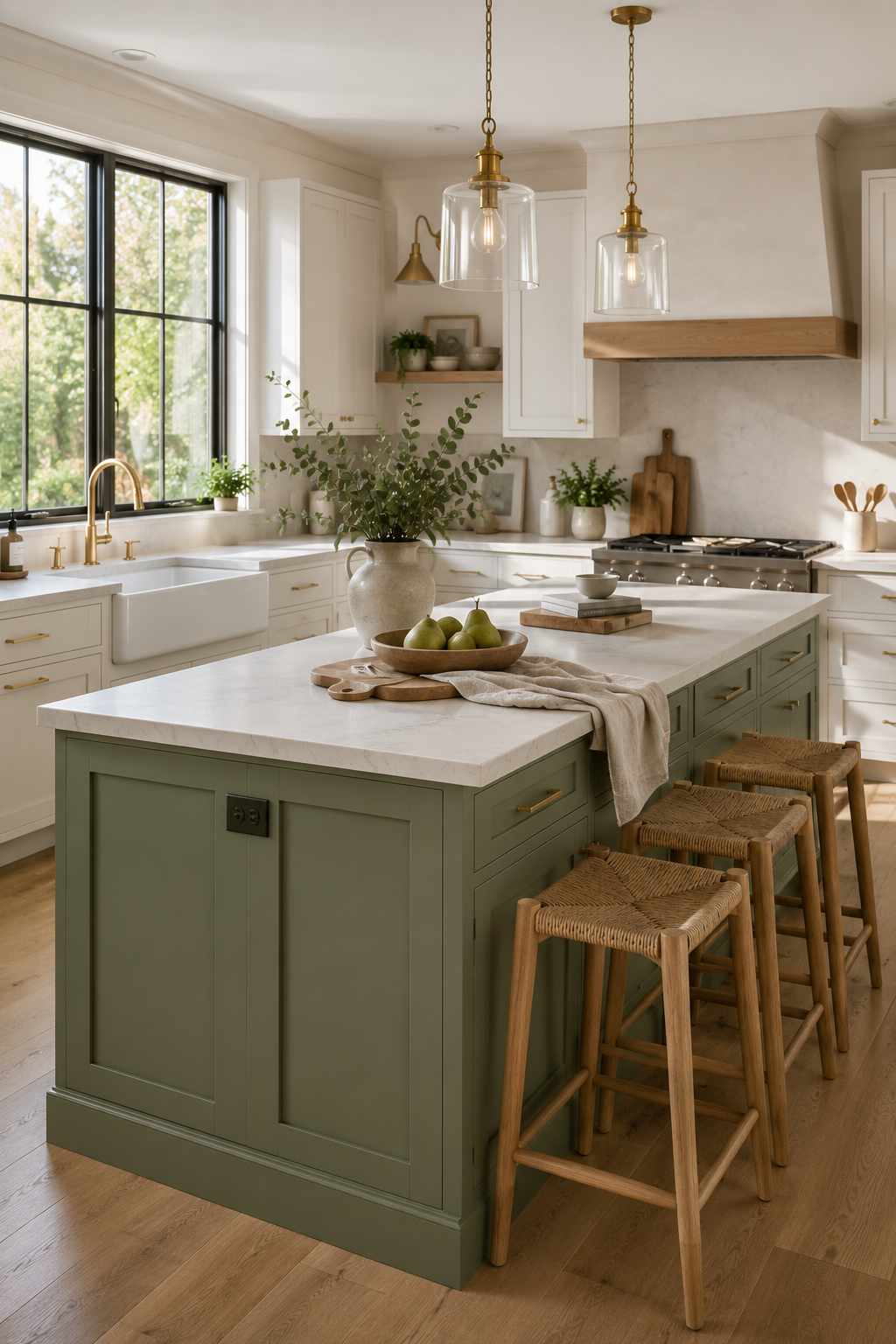 Bright modern kitchen featuring a matte sage green island with a white stone countertop, white shaker cabinets, brushed brass hardware, woven bar stools, light oak flooring, and soft natural sunlight for a warm, minimalist look.