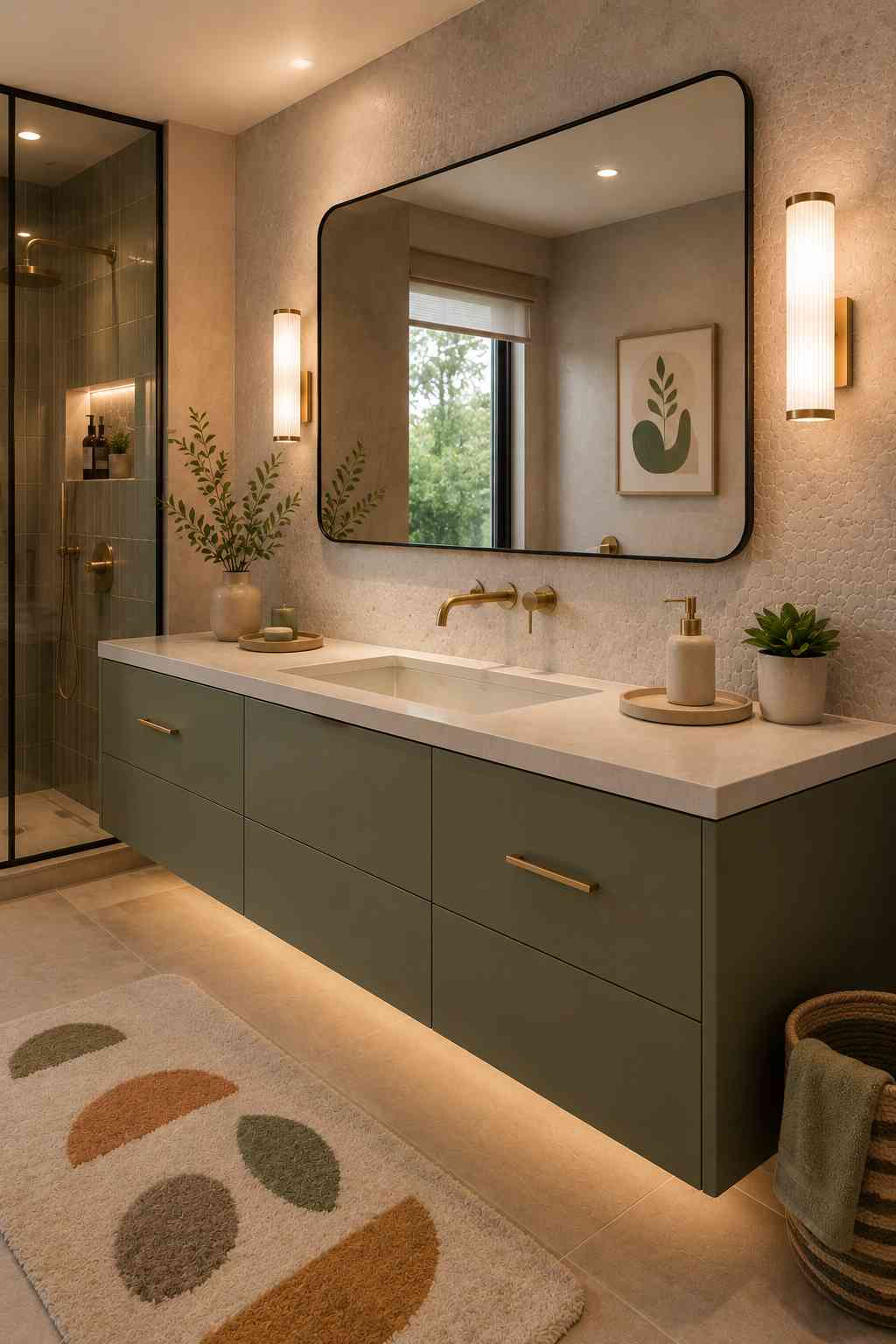 Contemporary bathroom featuring a floating sage green vanity with an integrated white sink, a large rounded rectangular mirror, warm brass fixtures, textured wall tiles, a glass walk-in shower, and soft under-cabinet lighting for a clean, modern spa-like atmosphere.