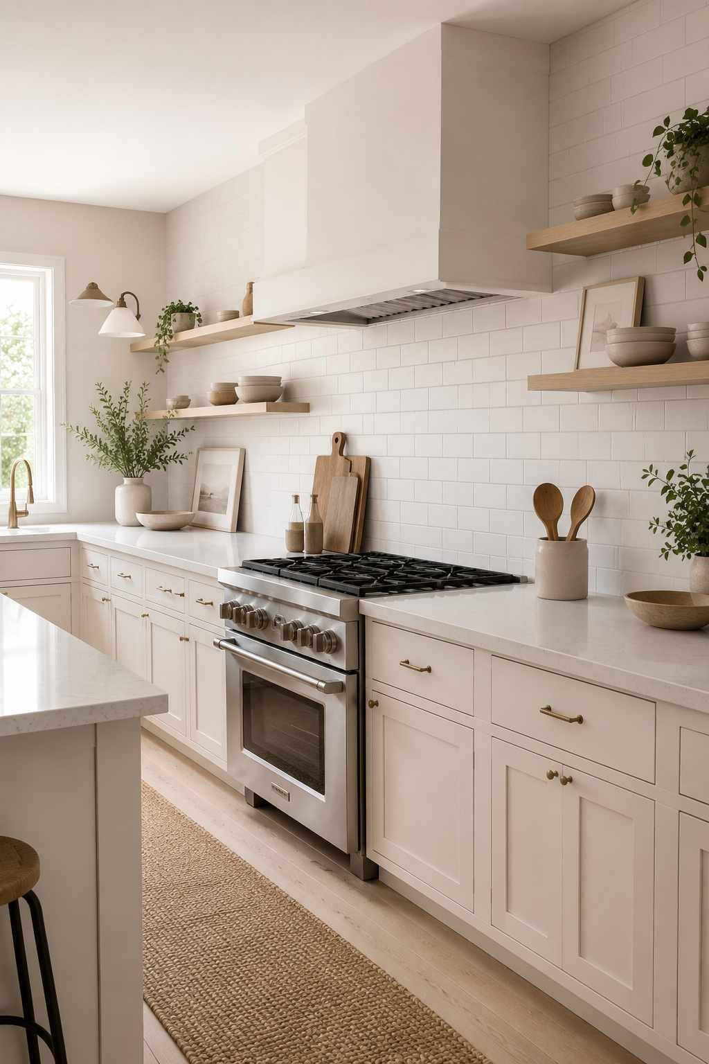 Bright modern farmhouse kitchen with a matte white subway tile backsplash, warm white shaker cabinets, white quartz countertops, floating wood shelves, brass hardware, and stainless steel appliances, creating a soft, understated look with plenty of natural light.