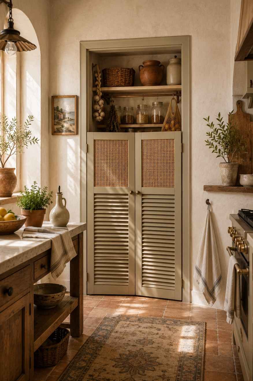 Small Mediterranean-style kitchen pantry with cane and louvered café doors, textured plaster walls, terracotta tile flooring, open pantry shelves, woven baskets, terracotta jars, and warm natural sunlight.