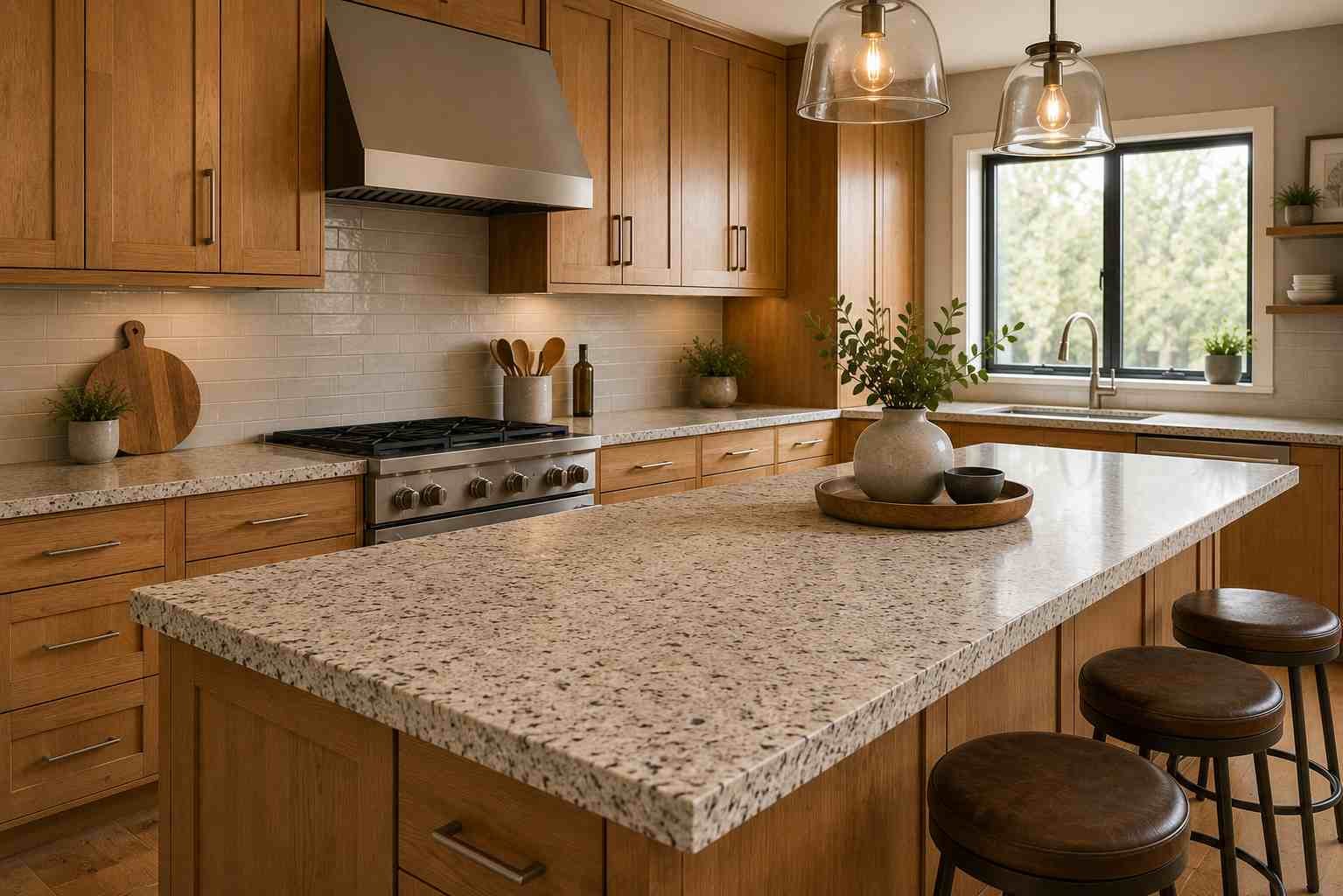 Modern kitchen featuring medium-tone maple wood cabinets with natural grain, speckled quartz countertops with grey, black, and tan flecks, brushed nickel hardware, a neutral backsplash, and warm natural daylight for a timeless, high-end interior.