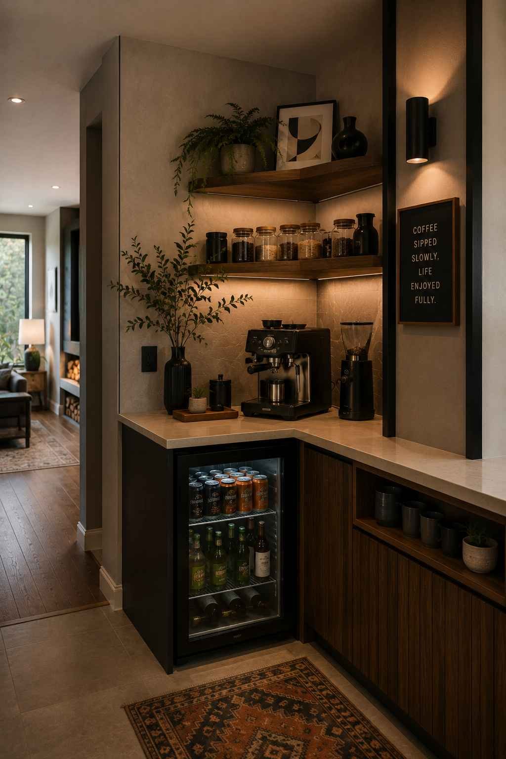 A luxury built-in coffee station with warm lighting, open shelves, a mini fridge, and an espresso setup