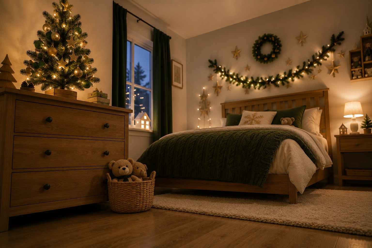 Cozy Christmas kids' bedroom with a wooden bed, green bedding, decorated Christmas tree, festive garland, warm fairy lights, teddy bears, and rustic holiday decor.