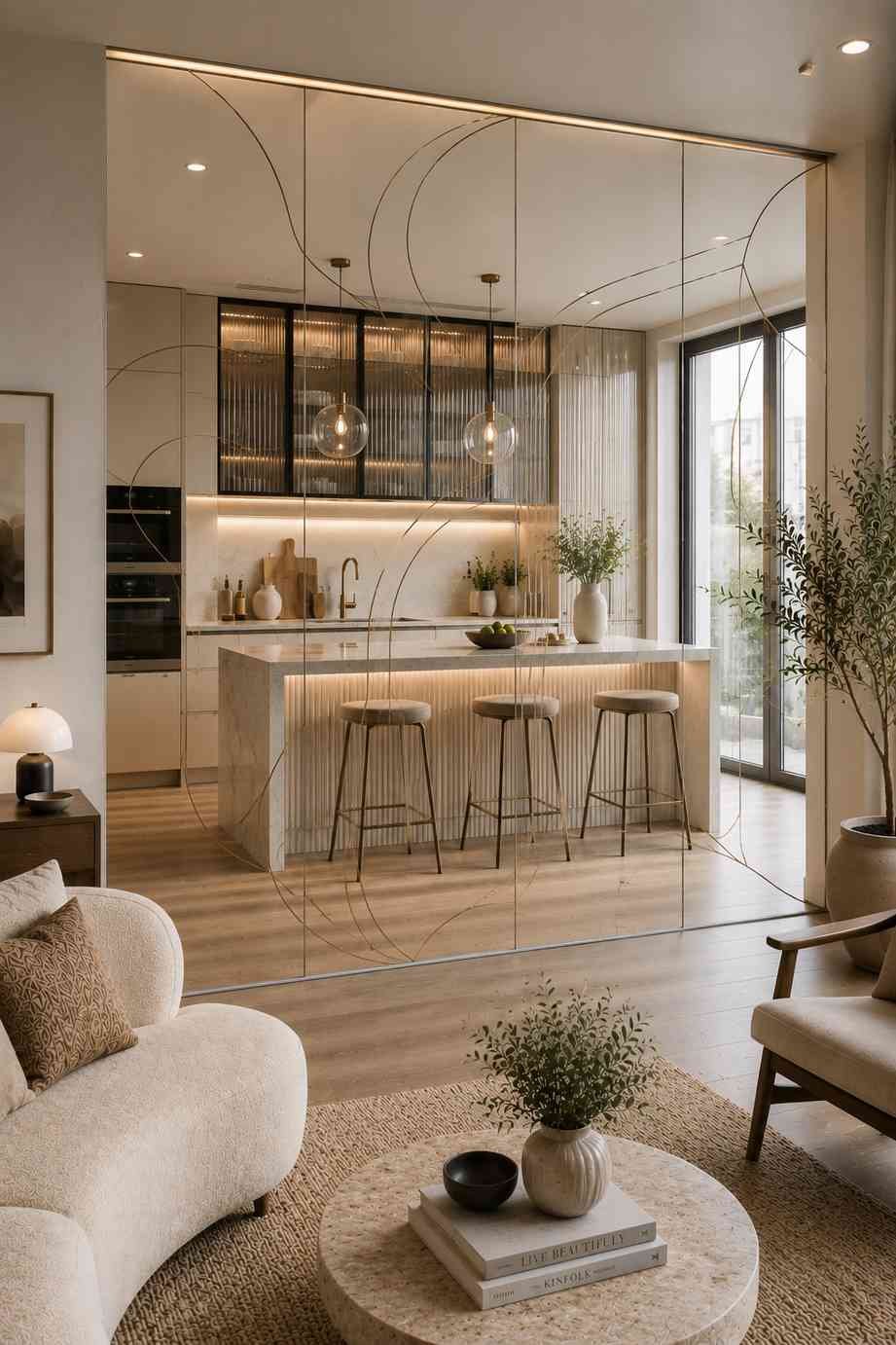 A modern open-plan kitchen and living room featuring a floor-to-ceiling frameless glass partition with an elegant etched decorative pattern. The nearly invisible glass divider maintains an open, light-filled layout while adding a sophisticated artistic touch to the contemporary interior.