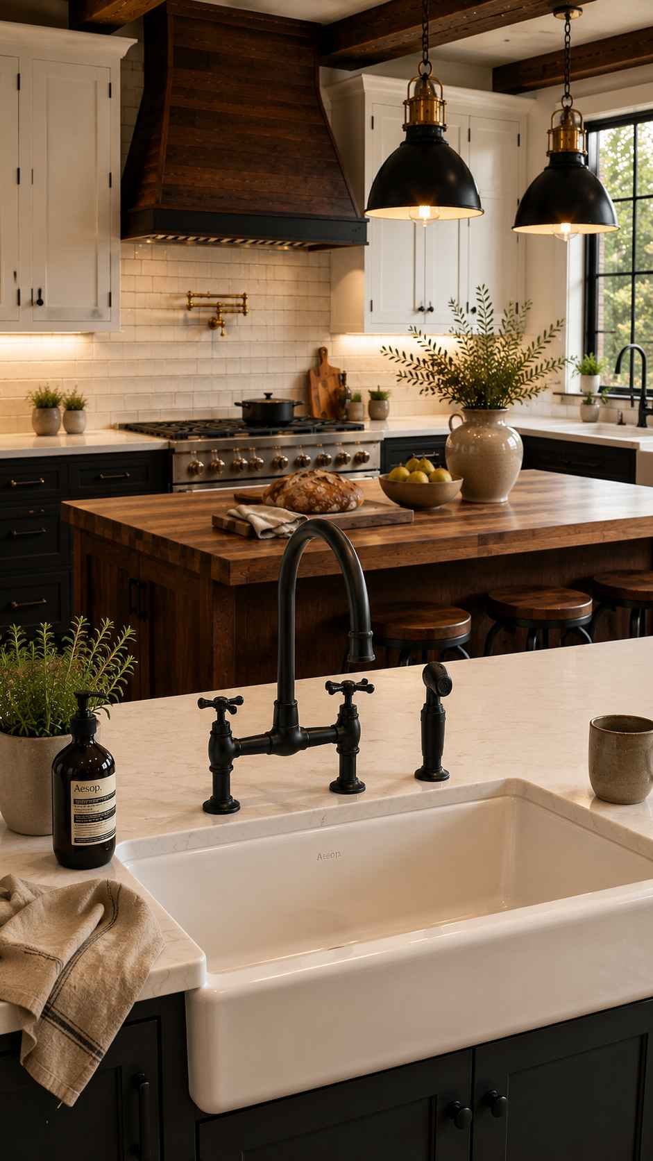 Sophisticated farmhouse kitchen centered around a matte black bridge faucet and matching cabinet hardware, complemented by a white farmhouse sink, handcrafted wood island, exposed timber beams, warm ambient lighting, and timeless rustic finishes.