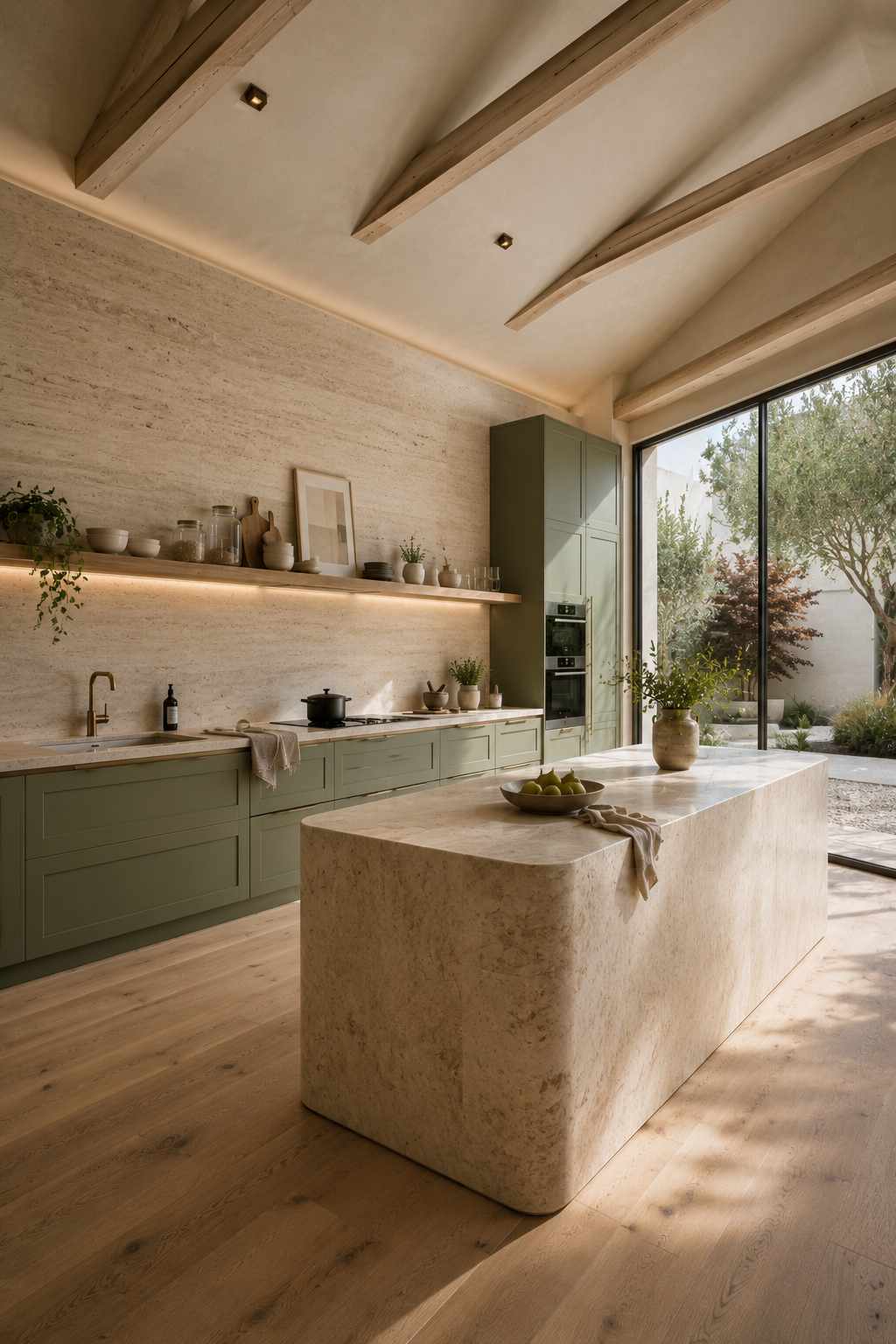Modern minimalist kitchen featuring sage green lower cabinets with minimal upper cabinetry, a floating oak shelf, a sculptural limestone island, warm travertine backsplash, vaulted ceiling with exposed oak beams, light wood flooring, and floor-to-ceiling glass overlooking a peaceful landscaped garden.