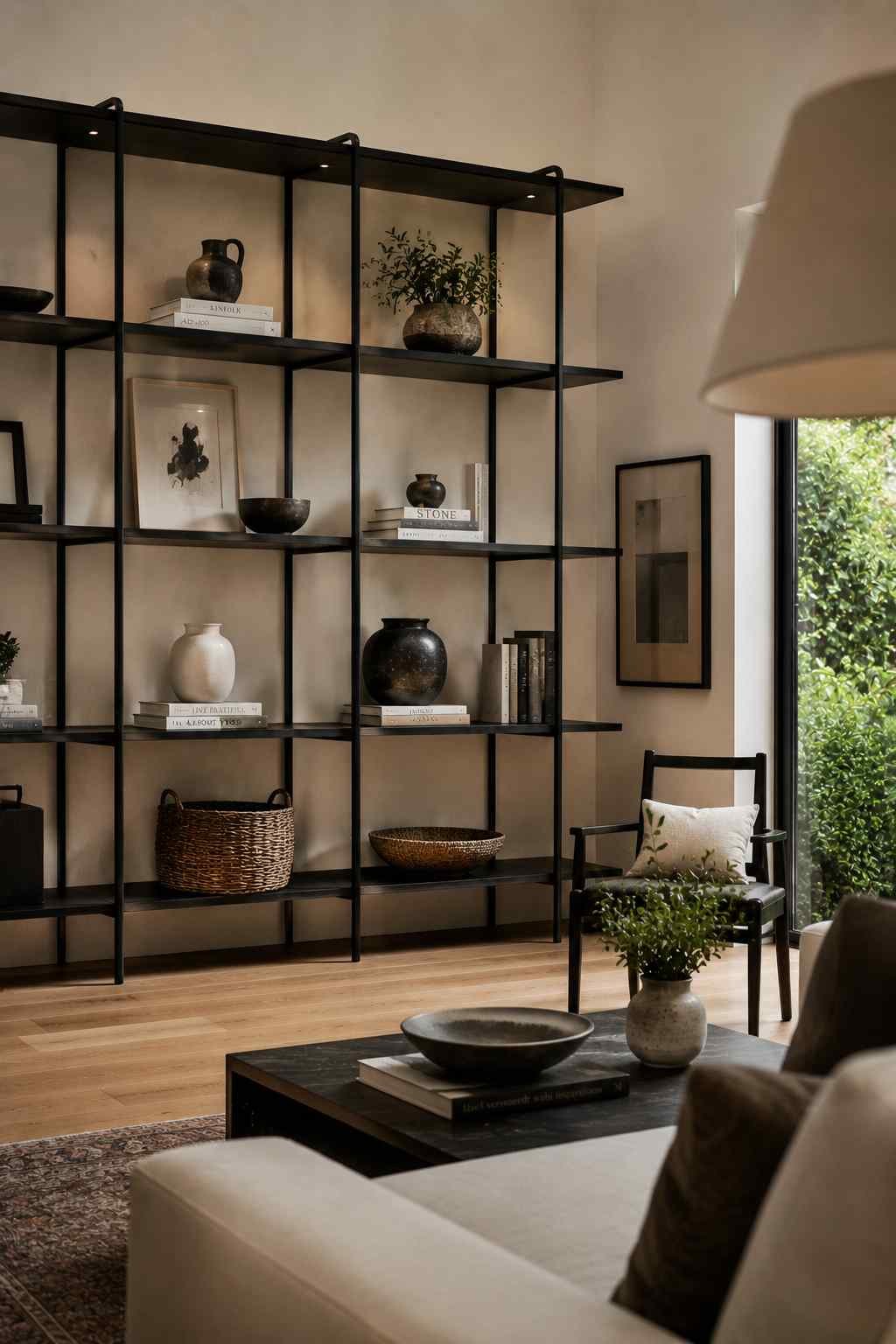 Matte black open shelving decorated with books, ceramics, and greenery in a minimalist living room.