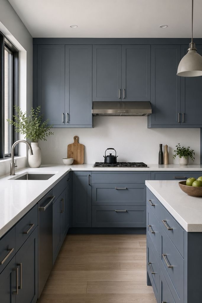 Photorealistic minimalist modern kitchen featuring single-tone blue-grey matte cabinets, white quartz countertops, brushed nickel hardware, light wood flooring, and soft natural daylight illuminating a clean, uncluttered space through a large window.