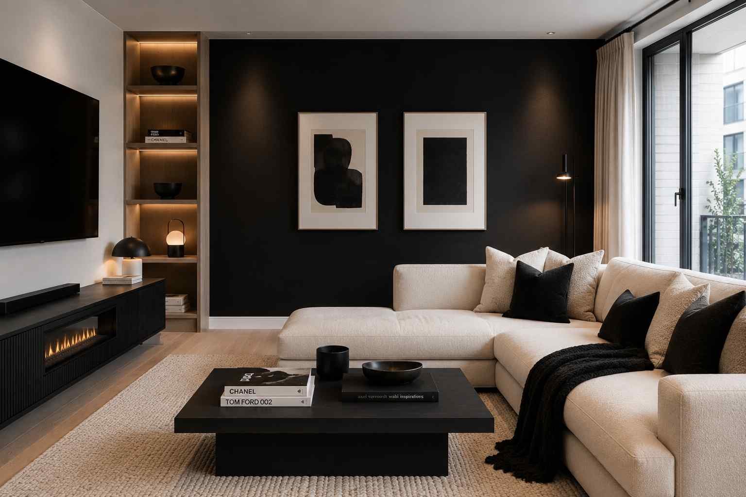 Modern living room with a black accent wall, cream sectional sofa, black coffee table, built-in illuminated shelves, minimalist artwork, and a sleek linear fireplace creating a cozy contemporary atmosphere.