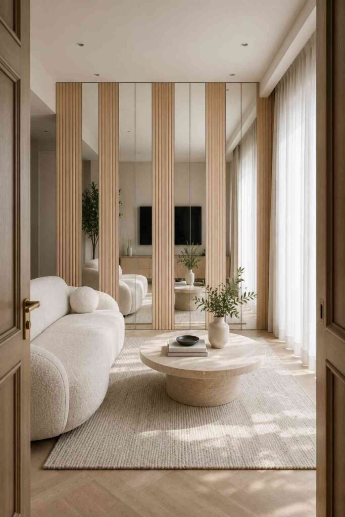Light wood slat and mirror feature wall creating depth in a bright Scandinavian-inspired living room.