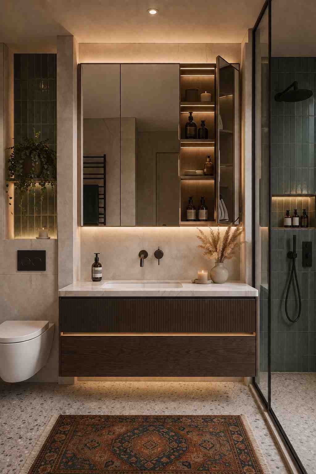 Modern bathroom vanity with a mirrored medicine cabinet featuring an open illuminated storage shelf, floating two-tone wood vanity, white integrated sink, wall-mounted matte black faucet, terrazzo flooring, walk-in glass shower with green vertical tiles, warm LED lighting, and contemporary spa-inspired bathroom design. 