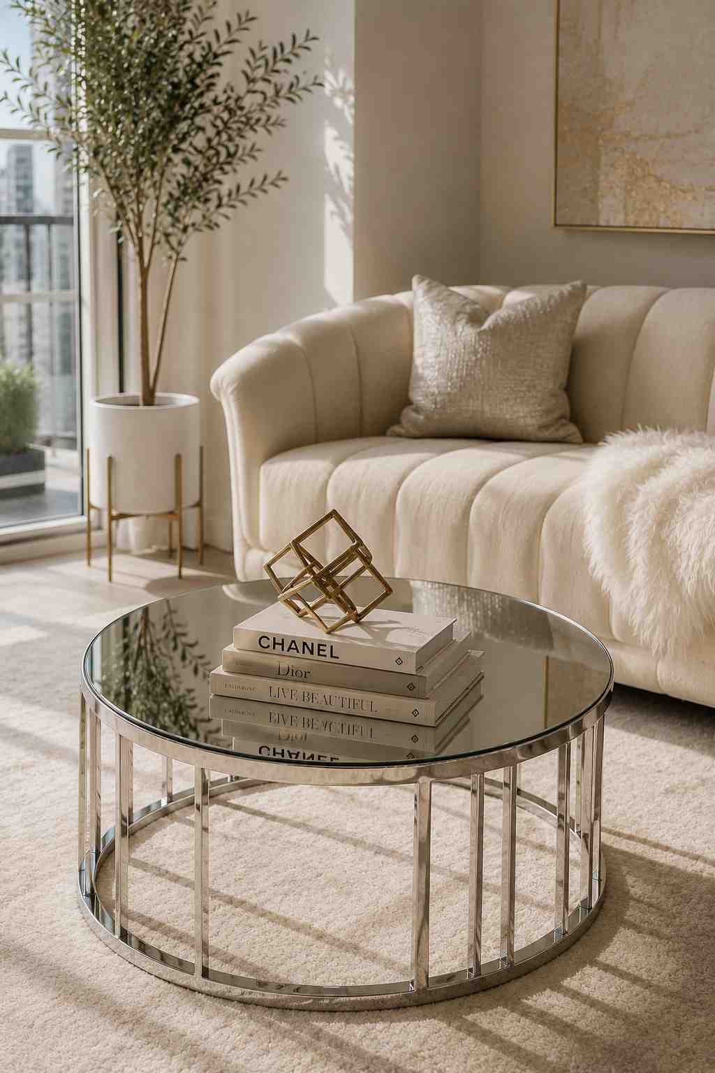 Mirrored-top coffee table on a polished chrome base in a small glam living room