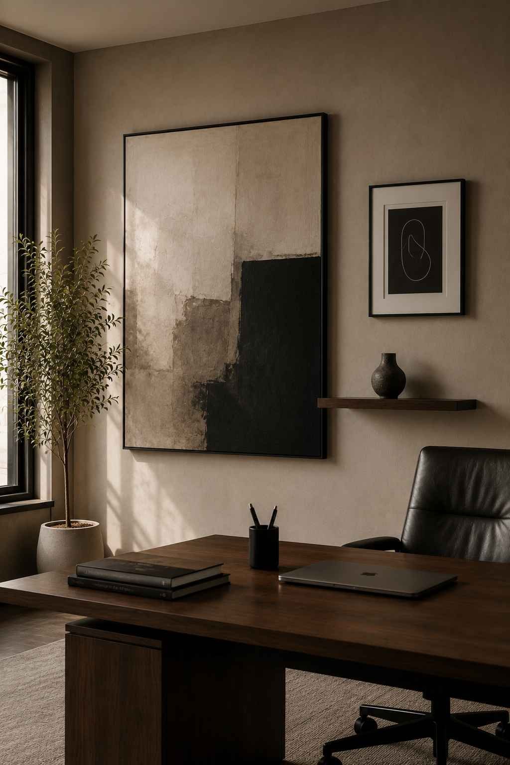 Asymmetrical modern office art wall with an oversized abstract painting and a curated floating shelf