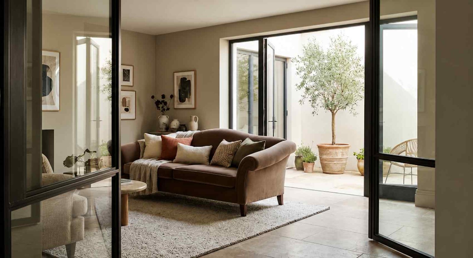 Living room with a mocha velvet camelback sofa, framed
through a doorway, with glass doors opening onto a courtyard olive tree
beyond