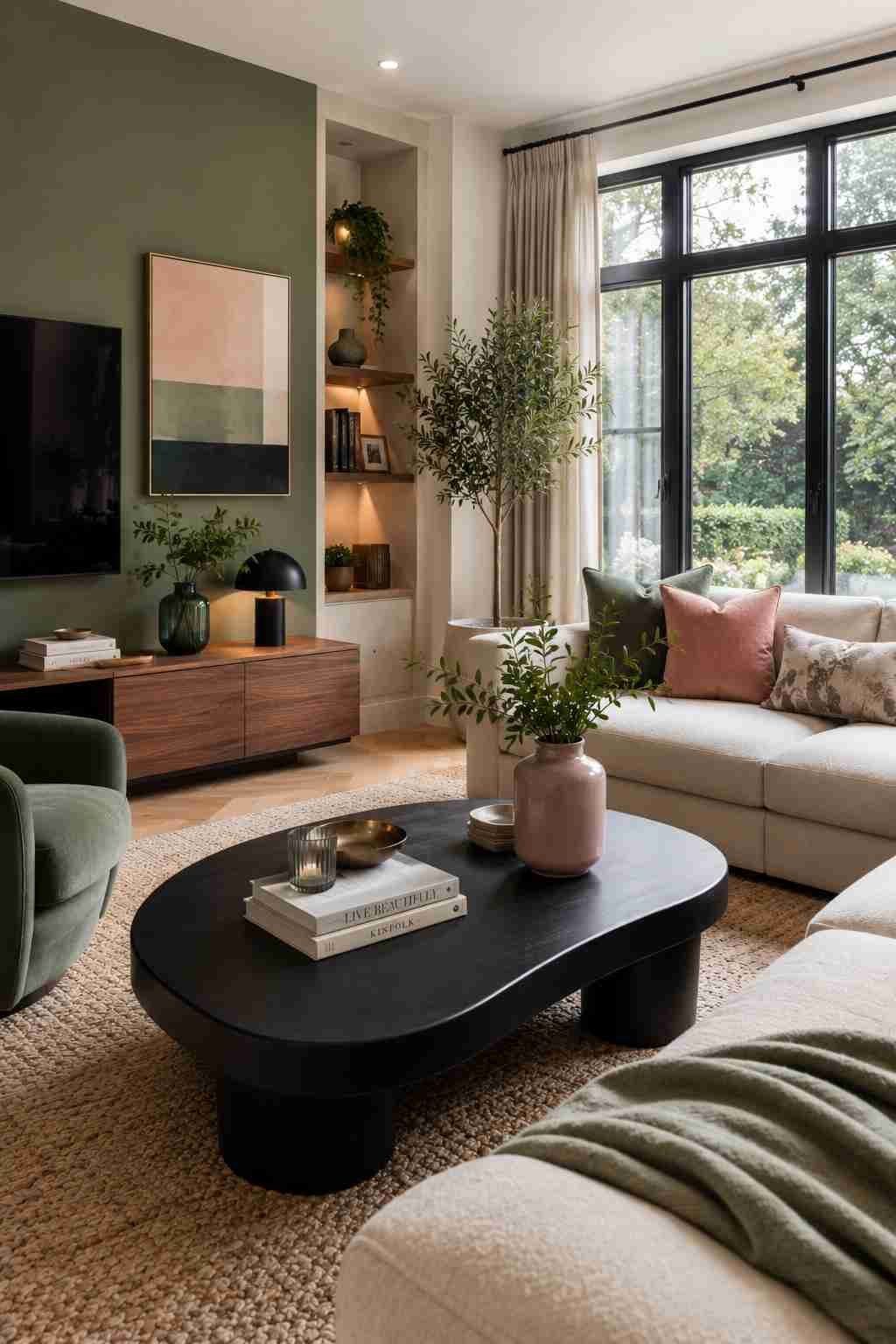 Modern sculptural matte black coffee table styled with books and ceramics in a bright minimalist living room.