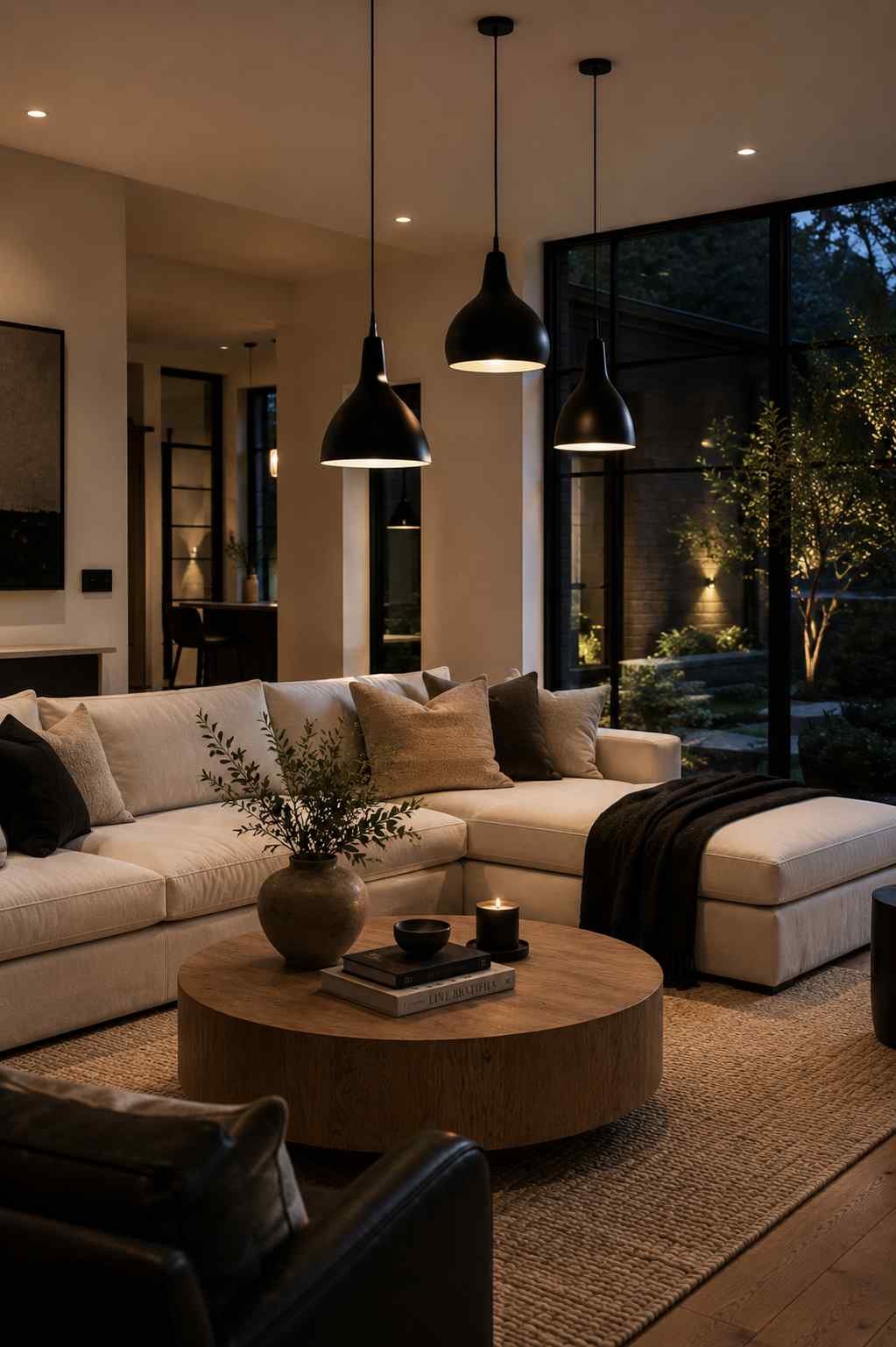 Three matte black pendant lights above an oak coffee table in a modern minimalist living room.