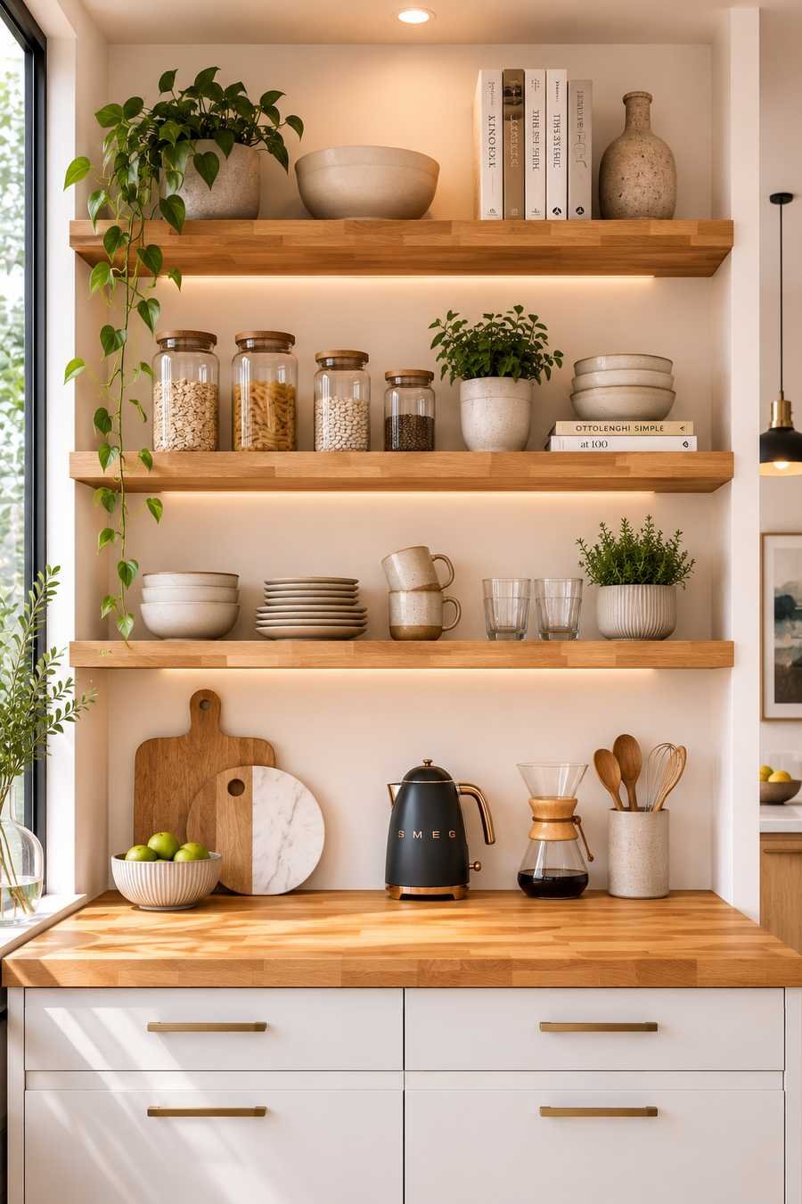 Minimalist modern kitchen featuring warm butcher block countertops, matching open wood shelves, white flat-panel cabinets, organized pantry jars, ceramic dishware, indoor plants, and bright natural light for a clean Scandinavian-inspired design.