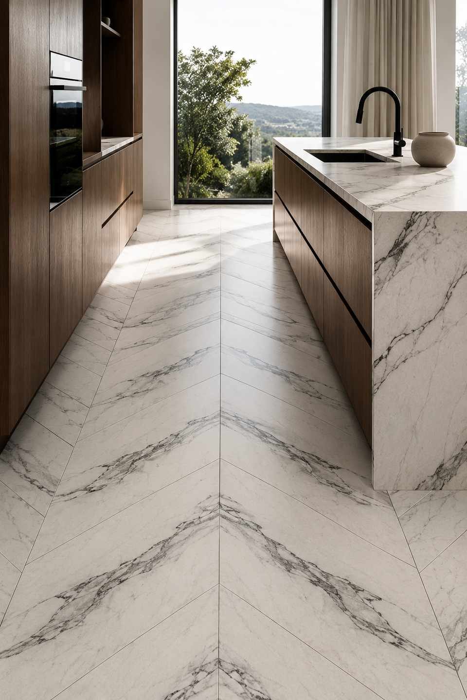 Modern minimalist kitchen featuring warm white marble-look porcelain floor tiles in a seamless chevron pattern with book-matched charcoal veining, rich walnut handleless cabinetry, a waterfall-edge marble island, matte black faucet, and abundant natural daylight streaming through a large window.