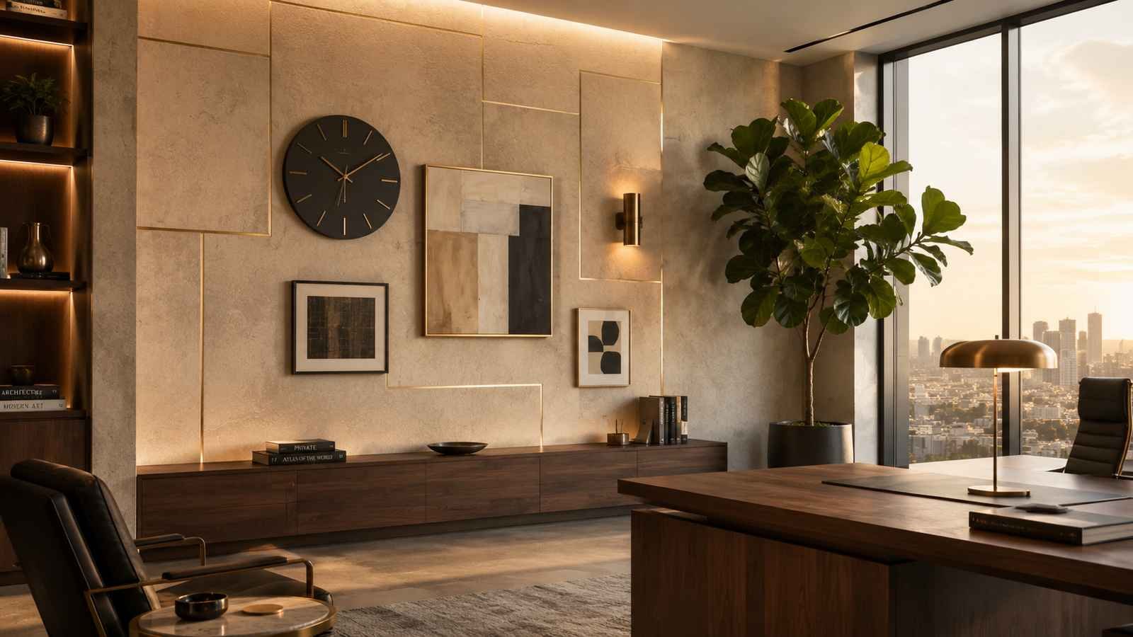 Modern executive office with textured feature walls, warm wood furniture, abstract artwork, built-in shelving, large indoor plants, and floor-to-ceiling windows overlooking the city.