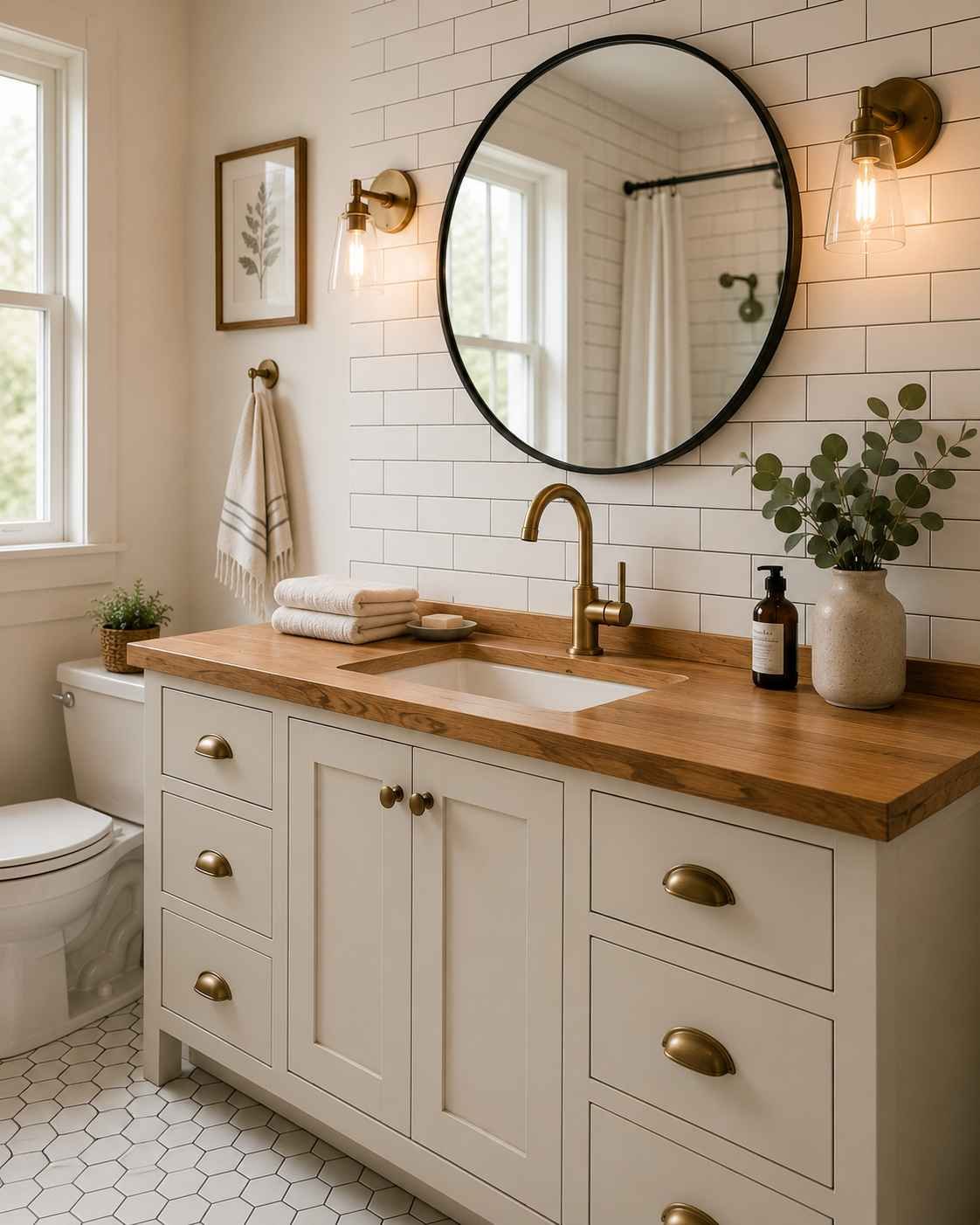 Modern farmhouse bathroom with white subway tile, a warm wood countertop vanity, brushed brass faucet and cabinet hardware, a black-framed round mirror, brass wall sconces, and white hexagon floor tile in soft natural light.