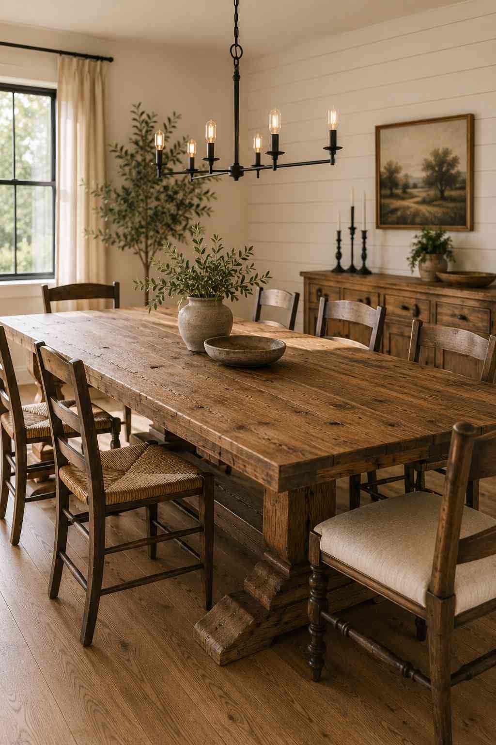 Modern farmhouse dining room with a reclaimed wood trestle dining table, mixed wooden chairs with woven rush seats, a black iron chandelier, and a simple greenery centerpiece in warm natural light.