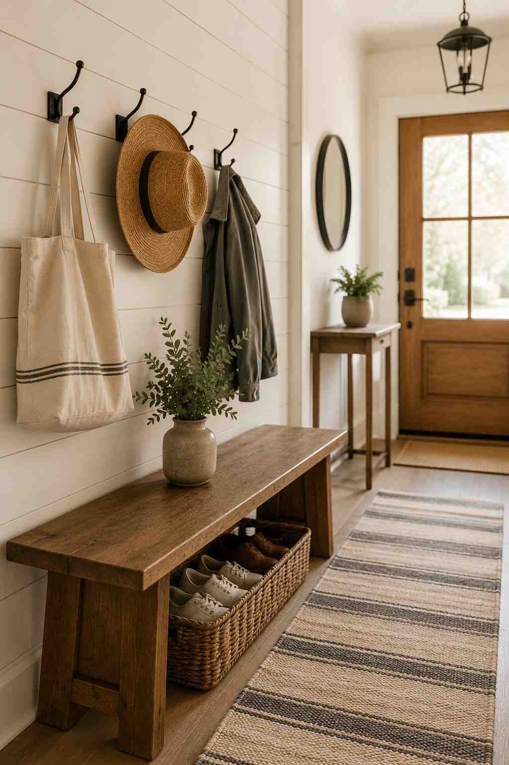 Modern farmhouse entryway with a rustic wood bench, black wall hooks, a canvas tote bag, straw hat, woven shoe basket, striped runner rug, round mirror, and natural greenery in warm daylight.