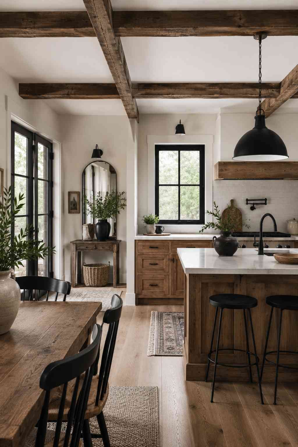 Bright modern farmhouse kitchen and dining room featuring matte black pendant lighting, black window frames, iron cabinet hardware, warm wood cabinetry, a white kitchen island, and rustic exposed beams for a balanced modern farmhouse design.