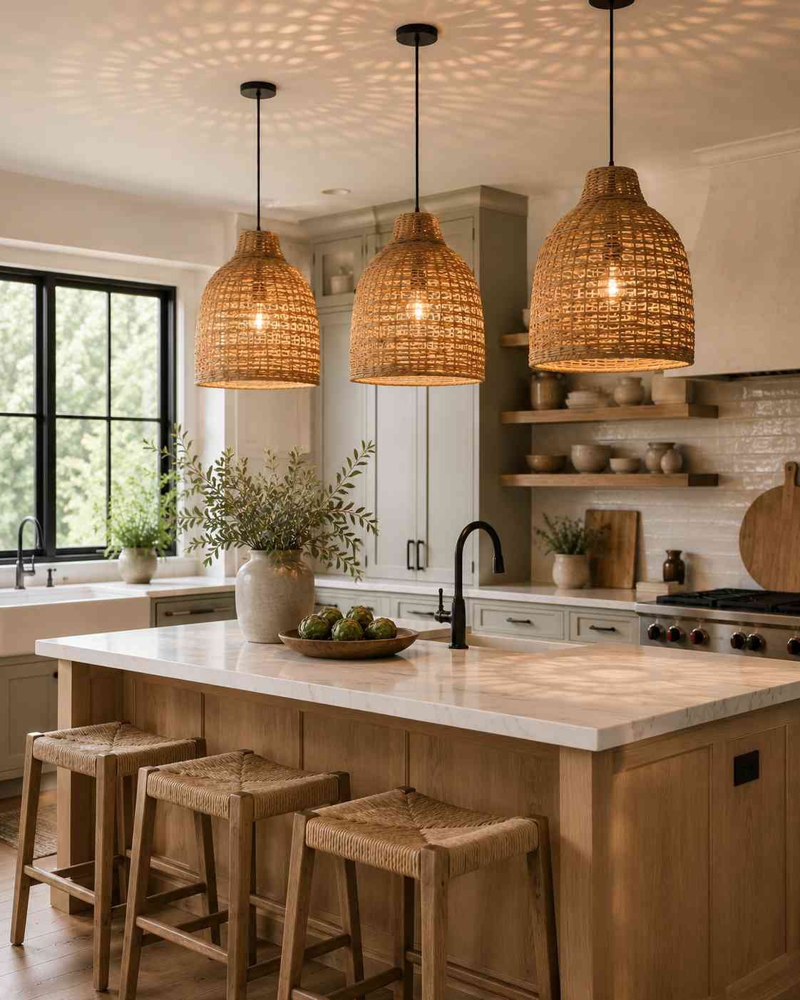 Modern farmhouse kitchen with three woven rattan pendant lights above a white oak island, shaker cabinets, black matte fixtures, woven bar stools, and a white marble countertop in warm natural light.