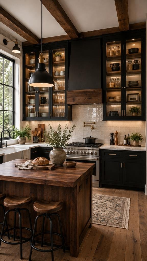 Ultra-realistic modern farmhouse kitchen featuring black-framed glass-front cabinets with illuminated shelves displaying neatly organized ceramic dishes, glassware, and decorative accents. The space includes a large walnut kitchen island, black shaker lower cabinets, white subway tile backsplash, a custom wood range hood, exposed wooden ceiling beams, industrial black pendant lights, white quartz countertops, a farmhouse sink, and warm natural light from a large black-framed window.