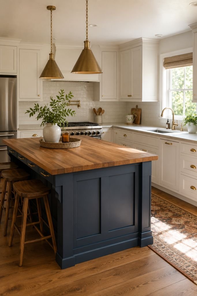 Photorealistic modern farmhouse kitchen featuring white perimeter cabinets, a statement island with a rich blue painted base and a warm butcher block wood countertop, brushed brass hardware, pendant lighting, natural daylight from a nearby window, and realistic wood grain textures.