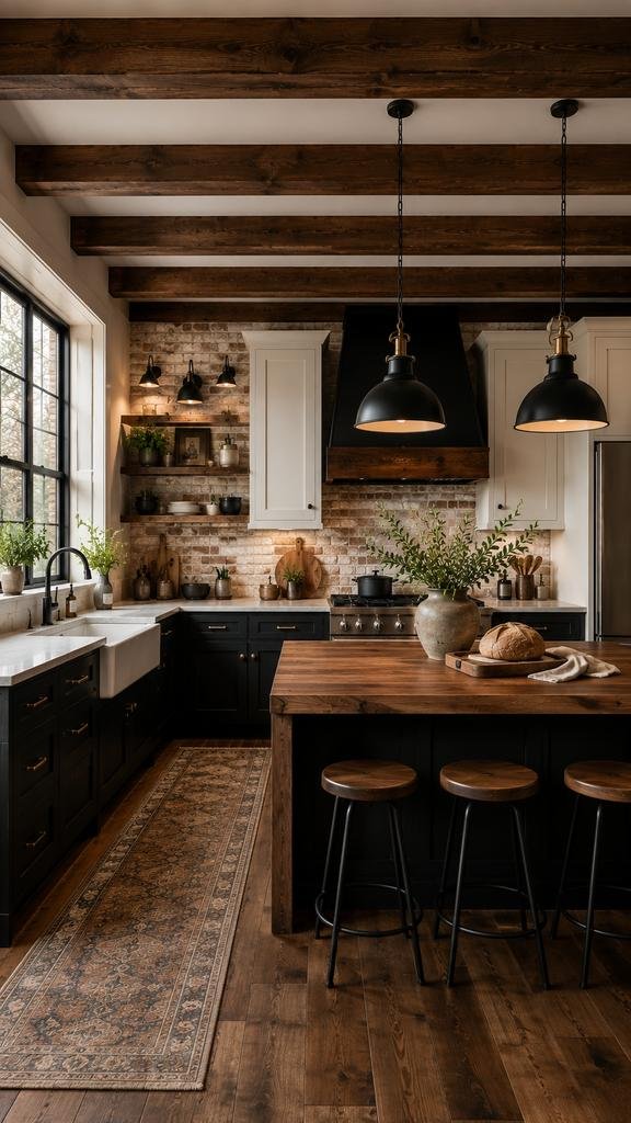 Ultra-realistic modern farmhouse kitchen featuring exposed dark wooden ceiling beams, black shaker cabinets, white upper cabinets, a white brick backsplash, large walnut kitchen island with stools, industrial black pendant lights, farmhouse sink, open wood shelving, and warm natural light streaming through a large black-framed window.