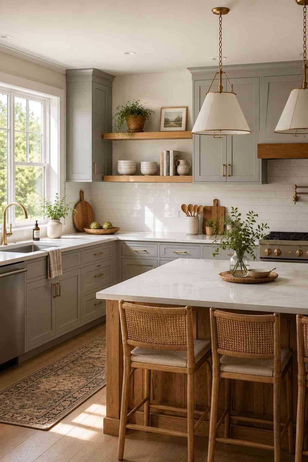 Bright modern farmhouse kitchen featuring light grey shaker cabinets, floating oak open shelves, white quartz countertops, brushed brass hardware, and a spacious island with natural sunlight.
