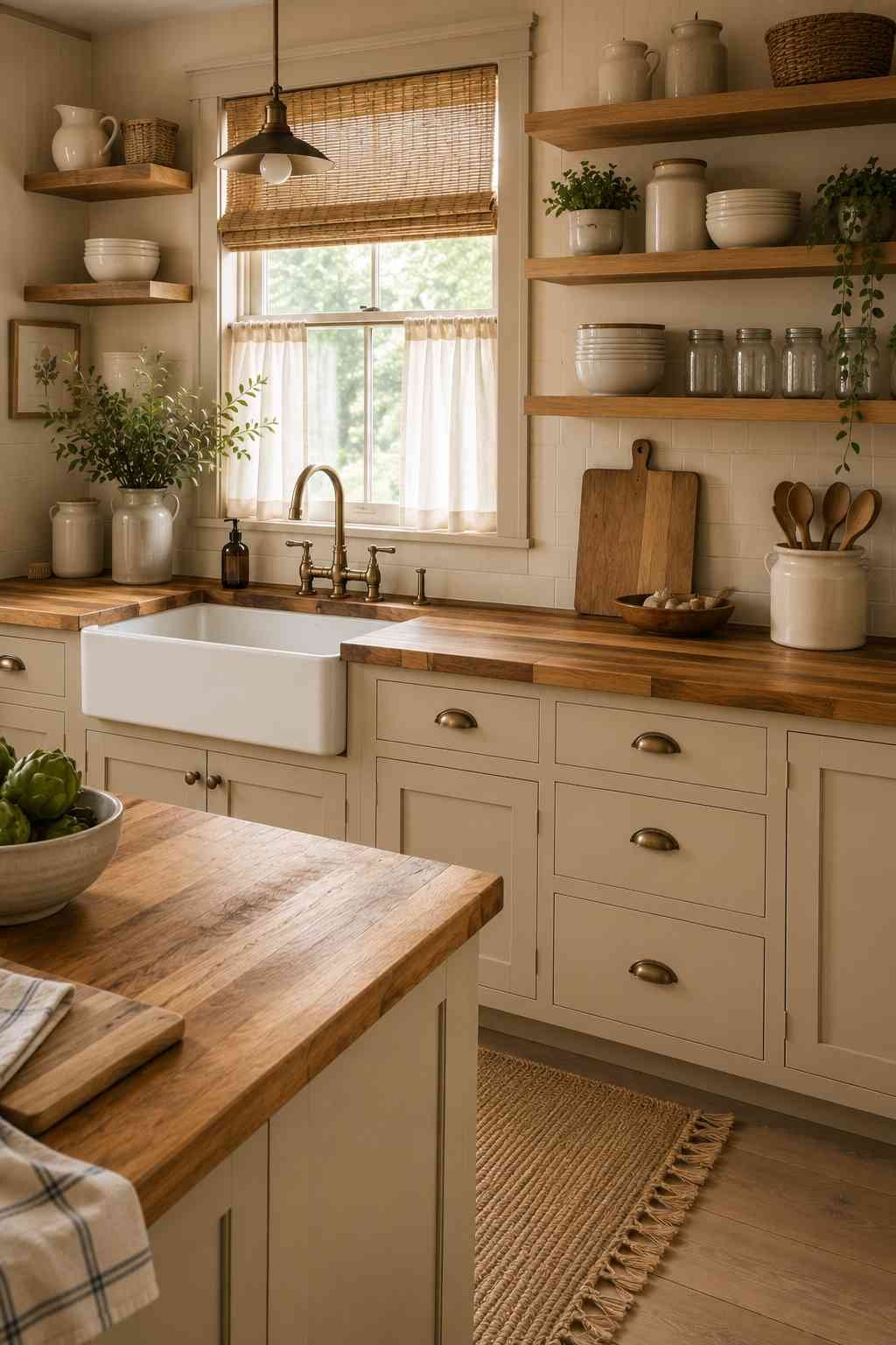 Warm modern farmhouse kitchen featuring beige shaker cabinets, honey-toned butcher block countertops, a white farmhouse apron sink, open wood shelving, brass hardware, and soft natural light creating a cozy, inviting space.