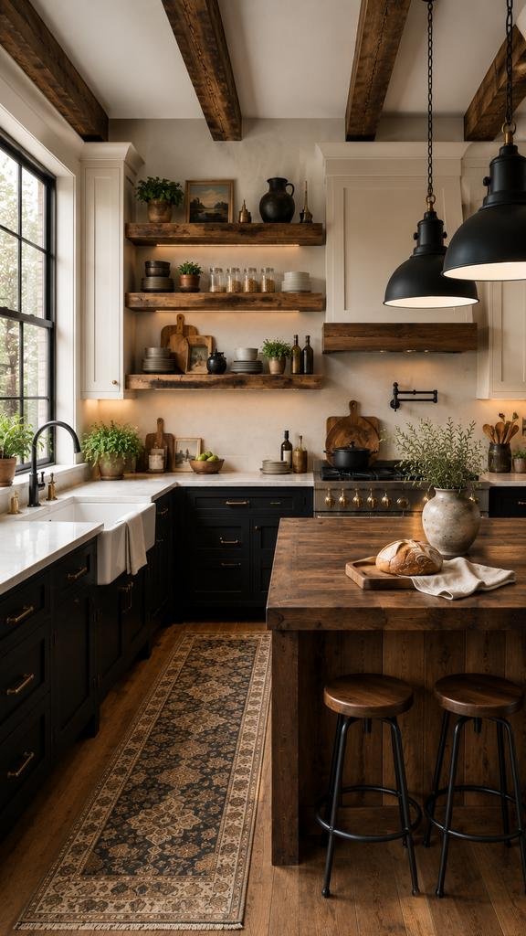 Ultra-realistic modern farmhouse kitchen featuring reclaimed wood floating shelves styled with ceramic dishes, glass jars, greenery, and cutting boards. The space includes black shaker cabinets, white upper cabinets, exposed wooden ceiling beams, a large walnut kitchen island with stools, industrial black pendant lights, a farmhouse sink, white quartz countertops, and warm natural light streaming through a black-framed window.