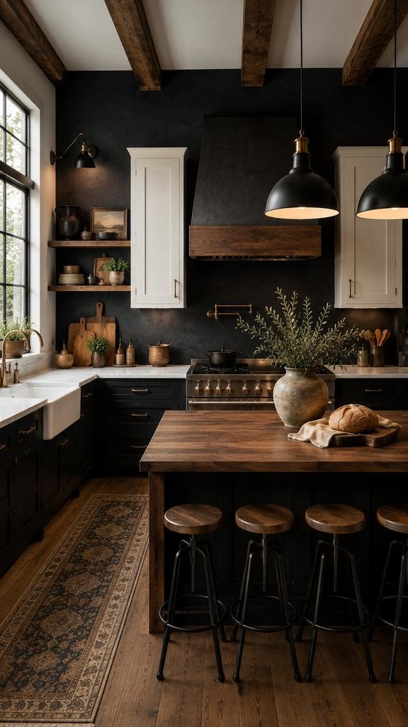 Ultra-realistic modern farmhouse kitchen featuring a matte charcoal accent wall behind the range, black shaker cabinets, white upper cabinets, exposed wooden ceiling beams, a large walnut kitchen island with bar stools, industrial black pendant lights, brass hardware, open wood shelving, a farmhouse sink, and warm natural light streaming through a large black-framed window.