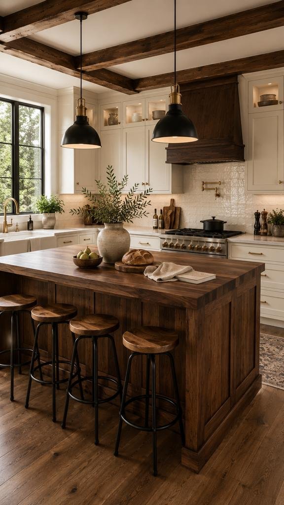 Spacious farmhouse kitchen with a statement walnut island, cream shaker cabinets, exposed wood ceiling beams, black pendant lights, white tile backsplash, brass fixtures, and a large black-framed window filling the room with natural light.