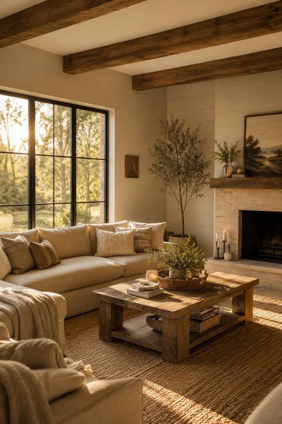 Modern farmhouse living room with warm greige walls, exposed wood ceiling beams, shiplap accent wall, neutral linen sofa, reclaimed wood coffee table, woven jute rug, black-framed windows, and soft golden afternoon sunlight creating a cozy, inviting interior.