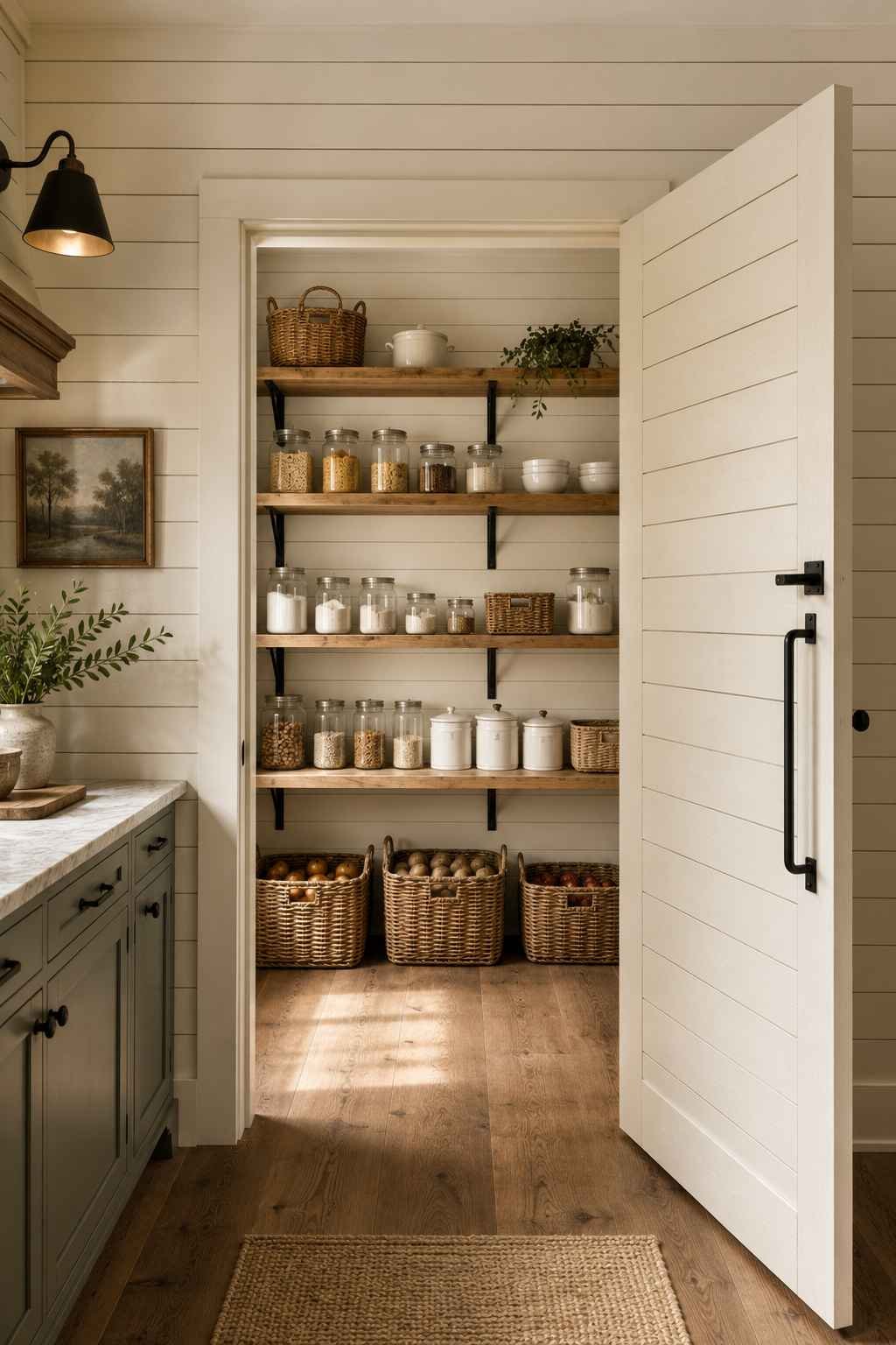 Modern farmhouse pantry with a cream shiplap door and matching shiplap walls, open wood shelves on black iron brackets, woven baskets, glass storage jars, and warm natural light.